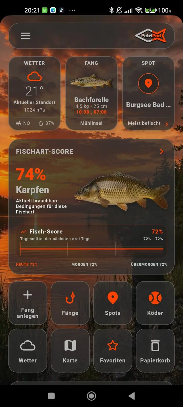 Dashboard von PetriPad mit Wetter, letztem Fang, Spot und Fischartscore