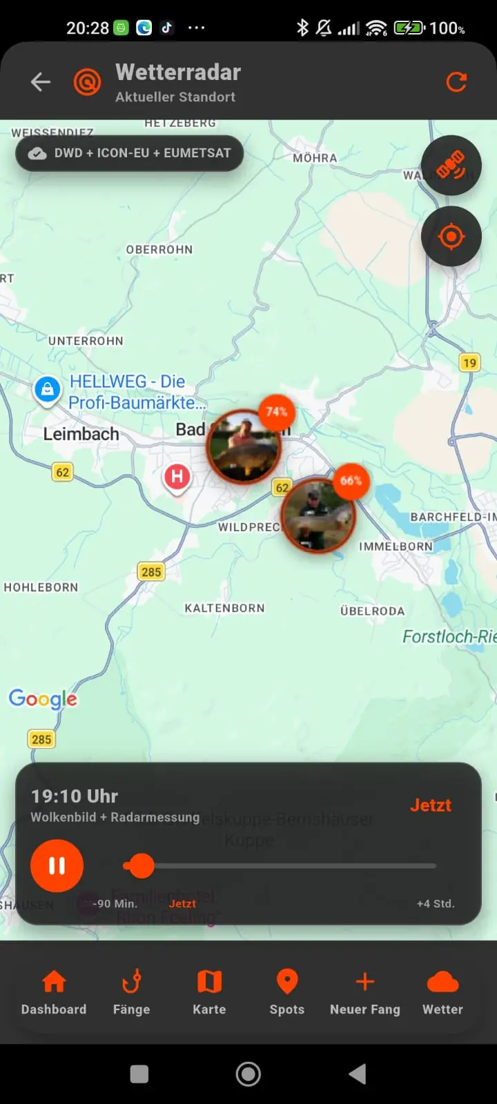 Wetterradar in PetriPad mit Kartenansicht und zeitlicher Steuerung