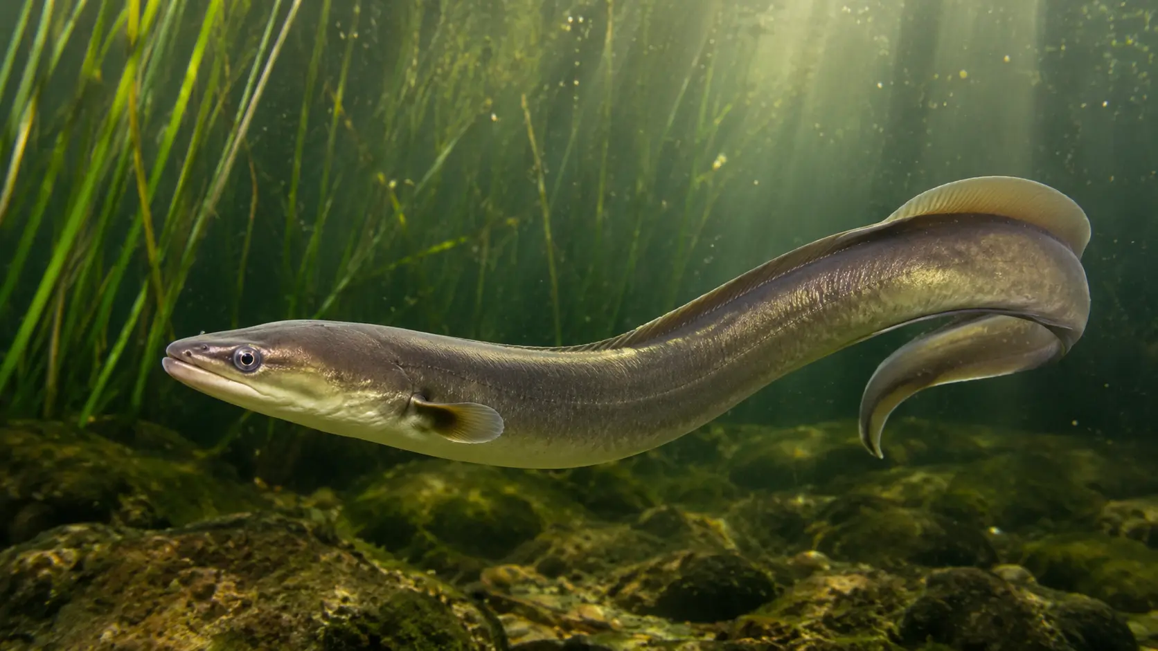 Europäischer Aal in einem pflanzenreichen Süßwasserlebensraum