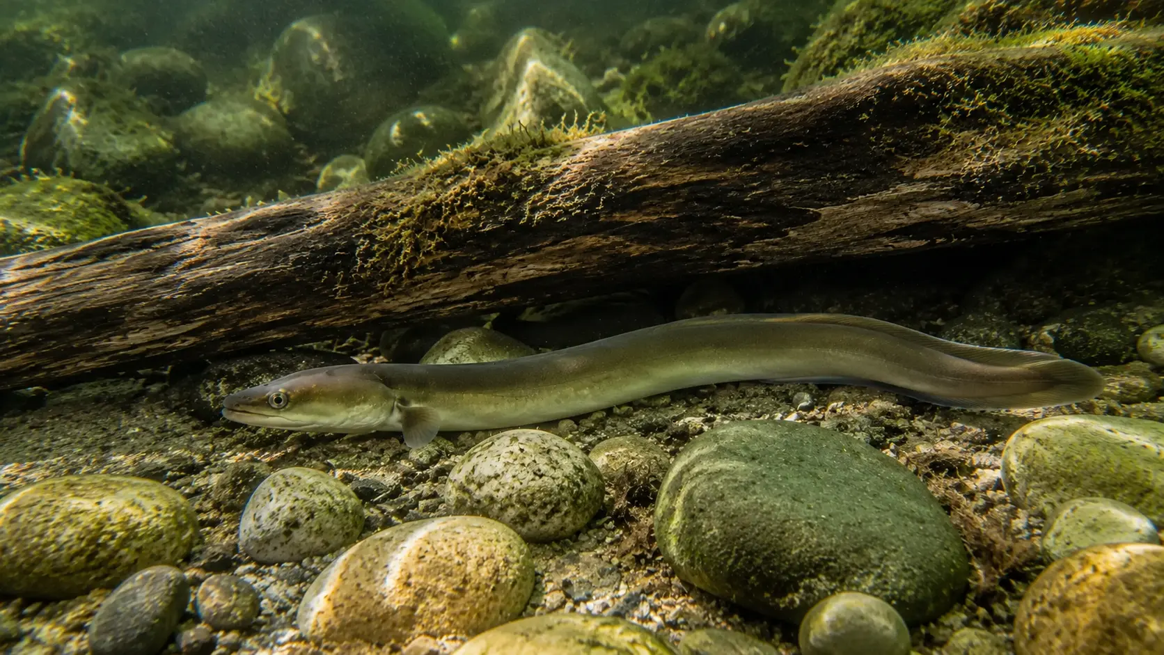 Aal ruht verborgen unter Totholz und runden Flusssteinen