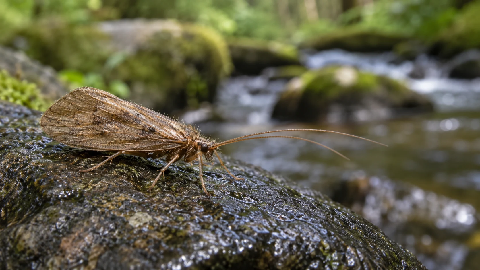 Braune Köcherfliege mit dachförmig gefalteten Flügeln und langen Fühlern auf einem nassen Bachstein