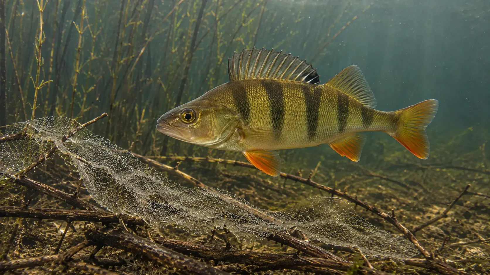 Gallertartiges Barschlaichband an abgestorbenen Pflanzen mit einem vollständig sichtbaren Flussbarsch.