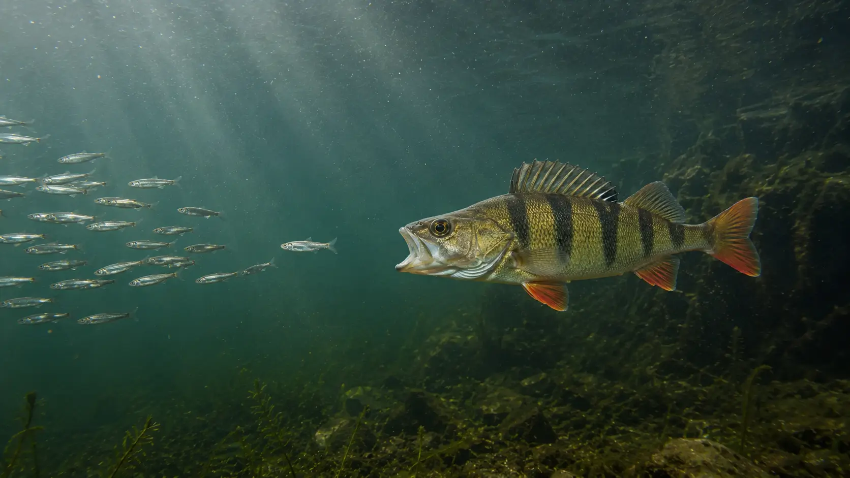 Ein vollständig sichtbarer Flussbarsch jagt einen kompakten Schwarm kleiner Beutefische.
