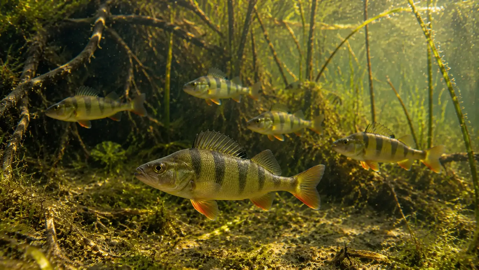 Vollständig sichtbare Jungbarsche im Schwarm zwischen Wasserpflanzen in der Uferzone.