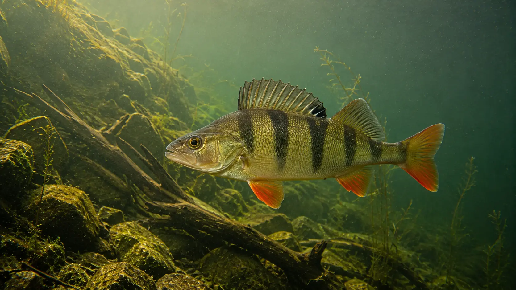 Vollständig sichtbarer Flussbarsch zwischen Steinen, Totholz und einer abfallenden Kante.