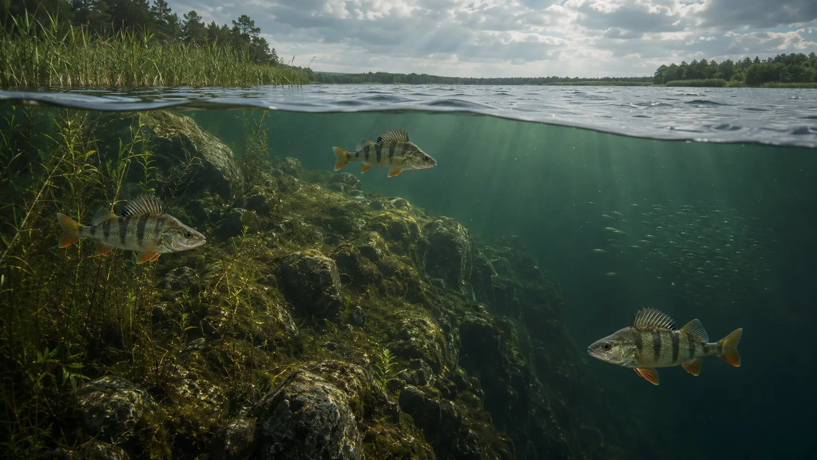 Gewässerquerschnitt mit Uferzone, Kante, Freiwasser, Beuteschwarm und vollständig sichtbaren Barschen.