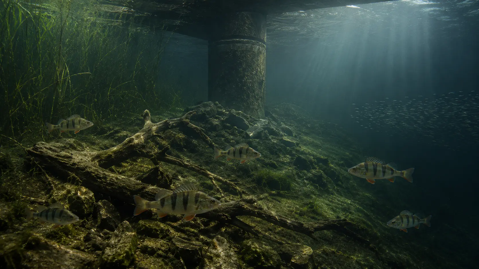 Unterwasserpanorama mit Krautkante, Totholz, Steinpackung, Brückenpfeiler und Freiwasser.