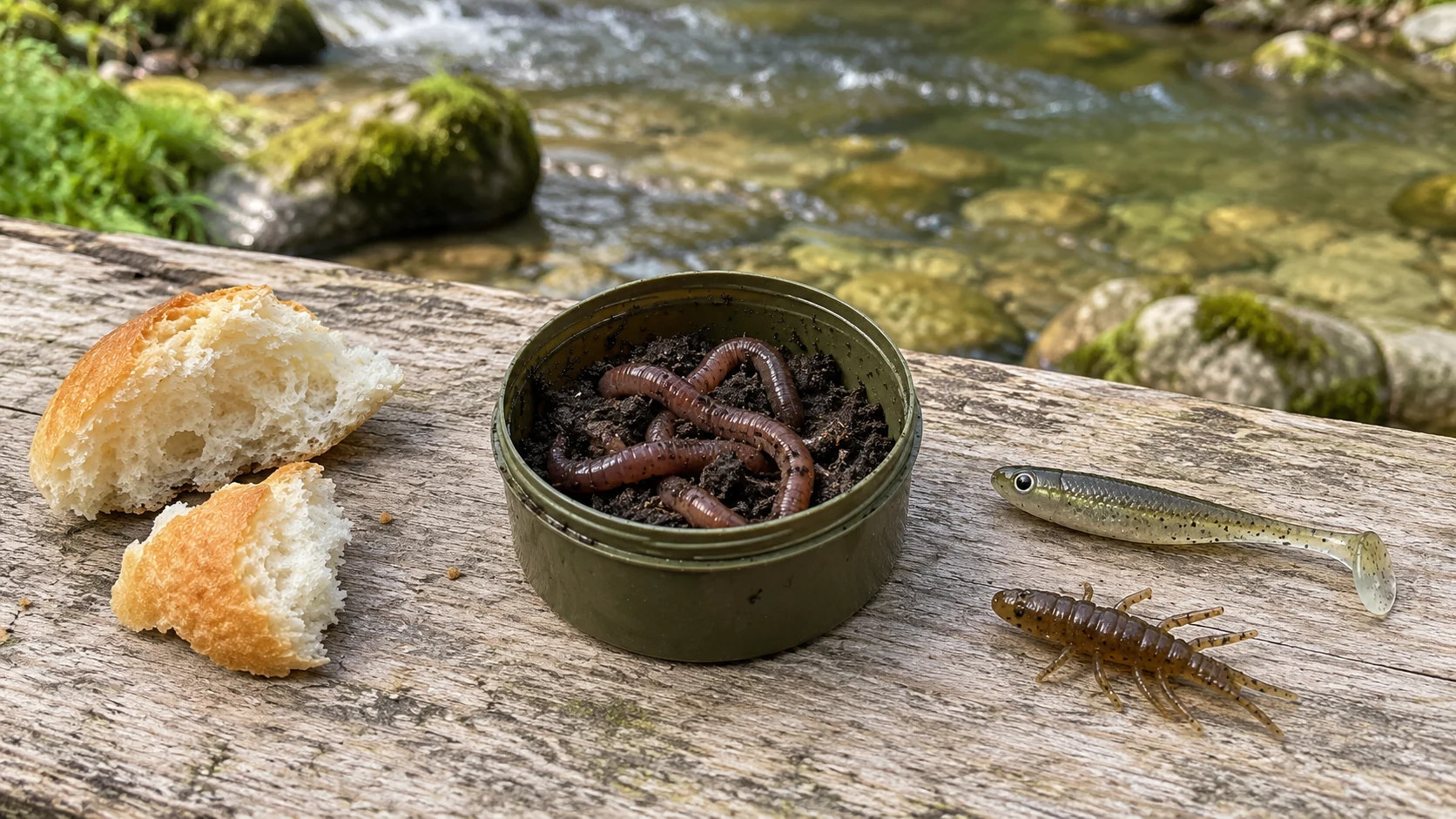 Brotkruste, Würmer im Köderbehälter und kleine unmontierte Gummi- und Insektenköder