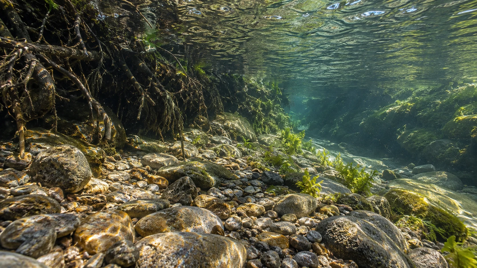 Kiesiger Bachgrund mit freier Strömungsrinne und schattigen Uferwurzeln unter Wasser