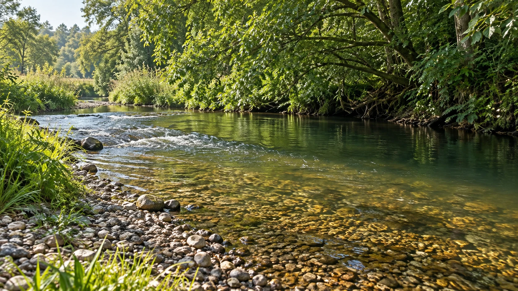 Kleiner Fluss mit heller Kiesstrecke, Strömungsübergang und schattigem Kolk unter Erlen