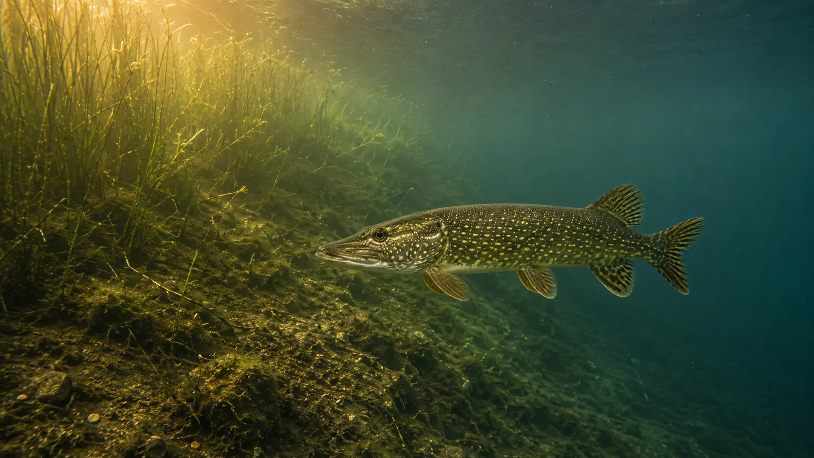 Vollständig sichtbarer Hecht an einem Übergang von Pflanzen zu tieferem Wasser.