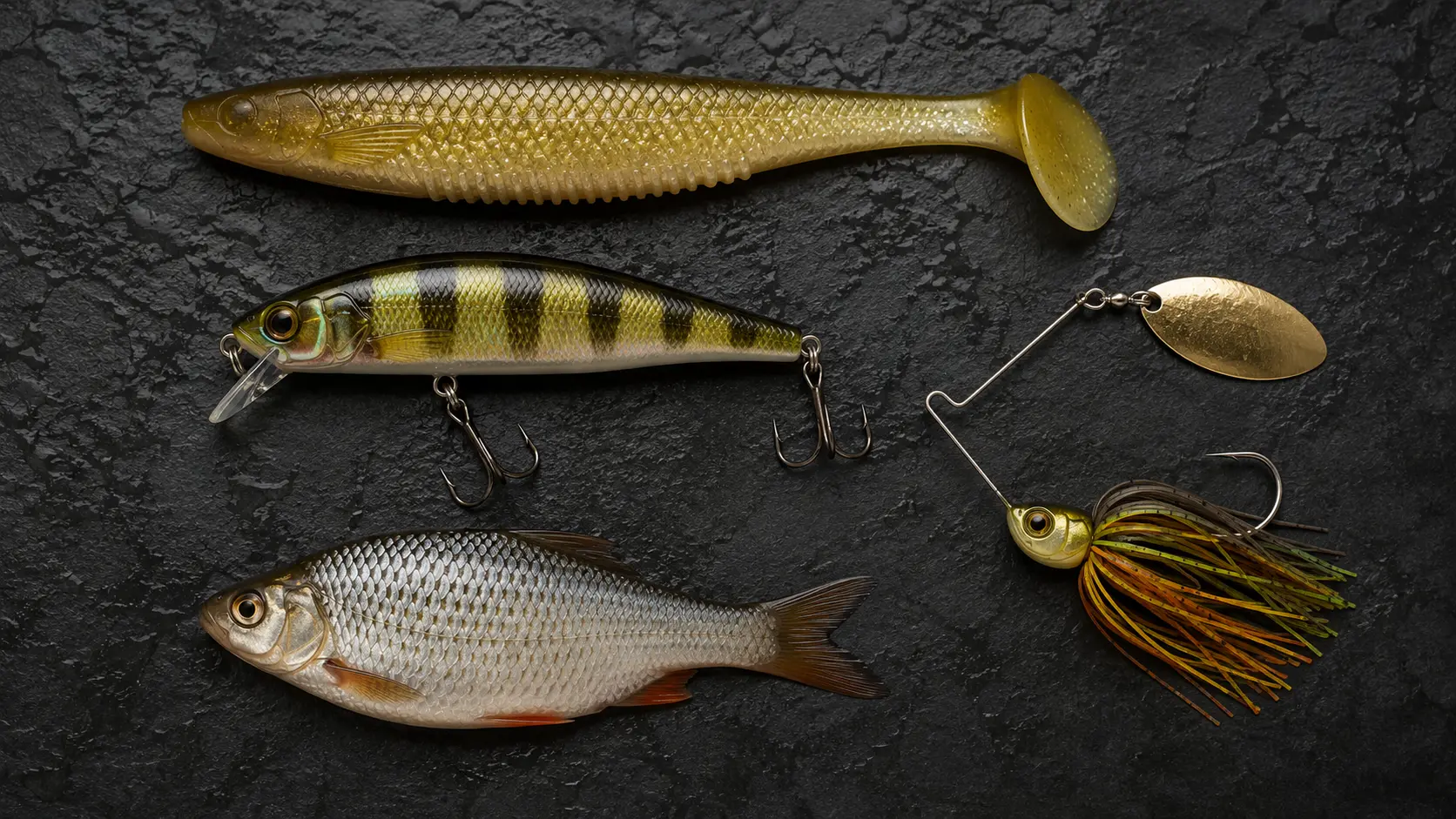 Großer Gummifisch, Jerkbait, Spinnerbait und toter Köderfisch als klar getrennte Köderformen für Hecht.