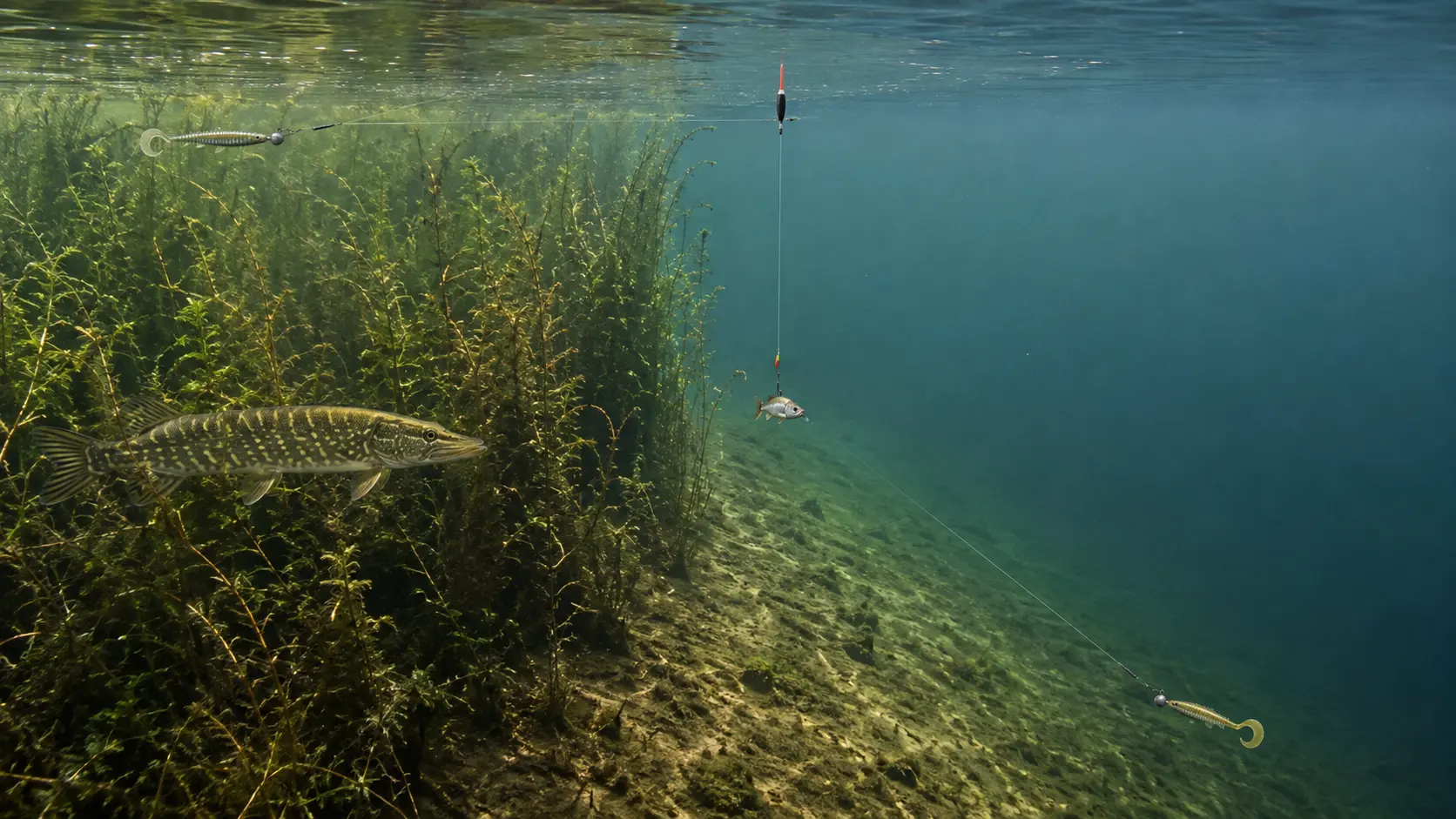 Jig an der Kante, flaches Schraubsystem über Kraut und Pose am Übergang zum Freiwasser.