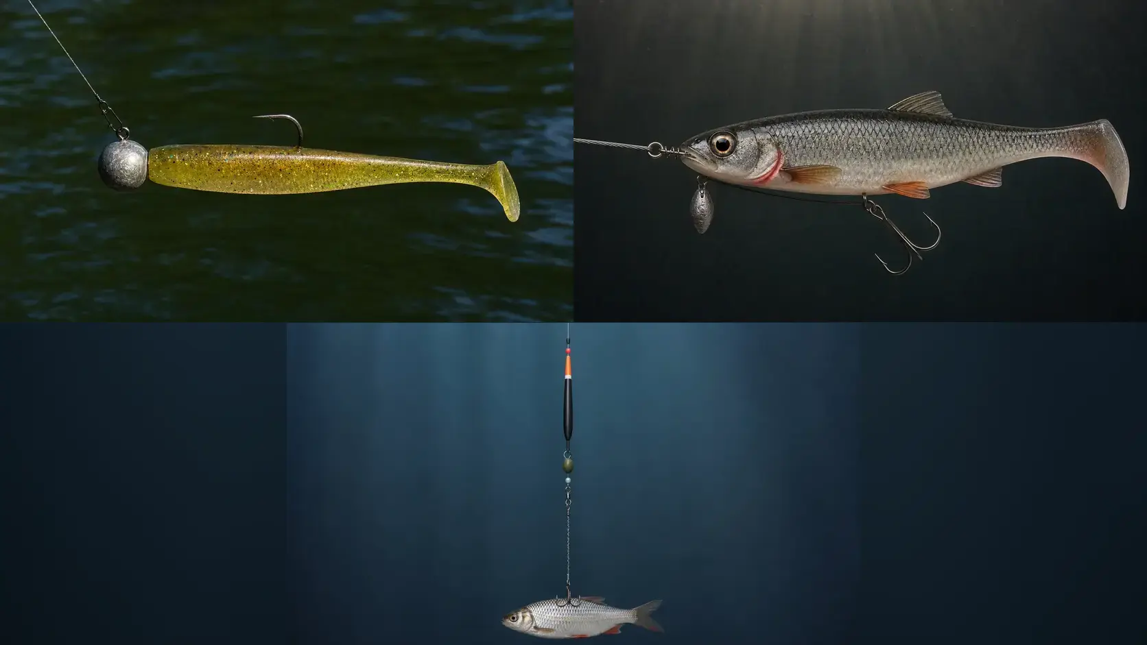 Jigmontage, flaches Schraubsystem und Posenmontage mit totem Köderfisch vollständig aufgebaut.