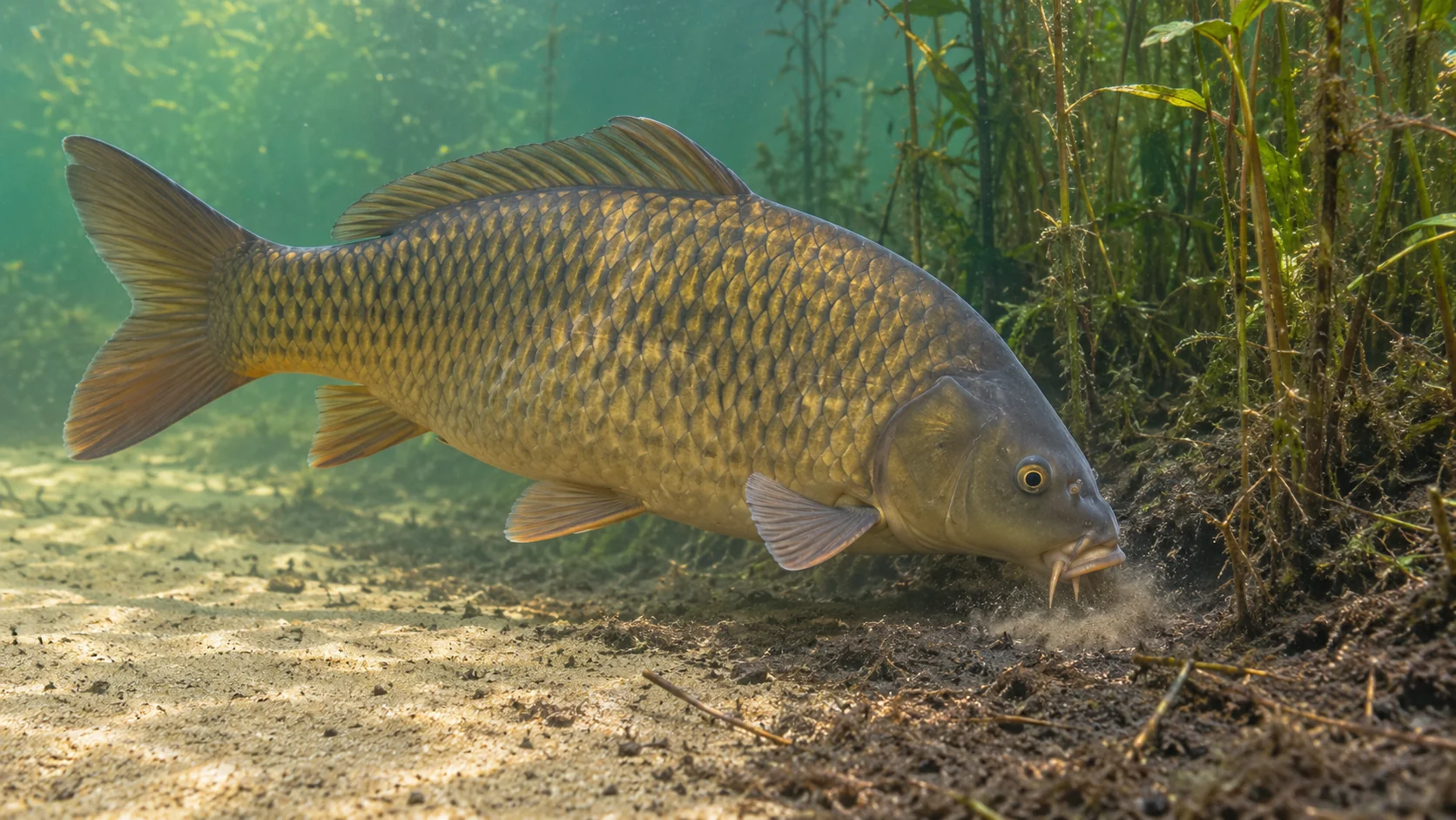 Schuppenkarpfen mit sichtbaren Barteln bei der Nahrungssuche am Rand von Wasserpflanzen