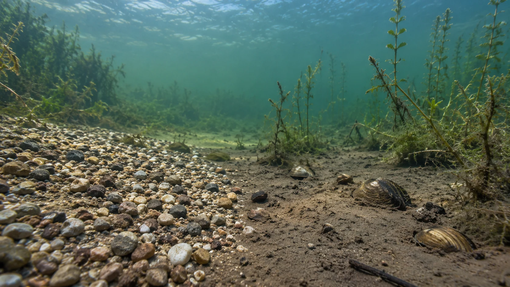 Unterwasserübergang von kleinem Kies zu weichem Schlamm mit Muschelschalen und wenigen Pflanzen