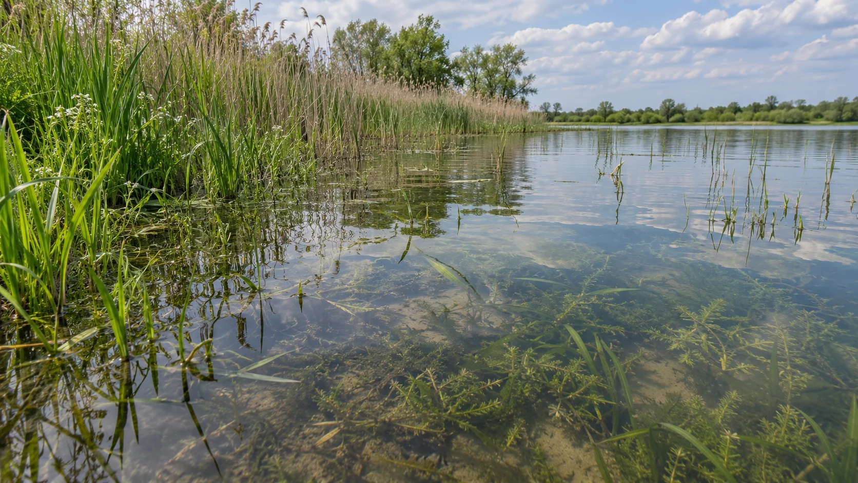 Geschützte flache Bucht mit überfluteten Gräsern, Schilf und Unterwasserpflanzen