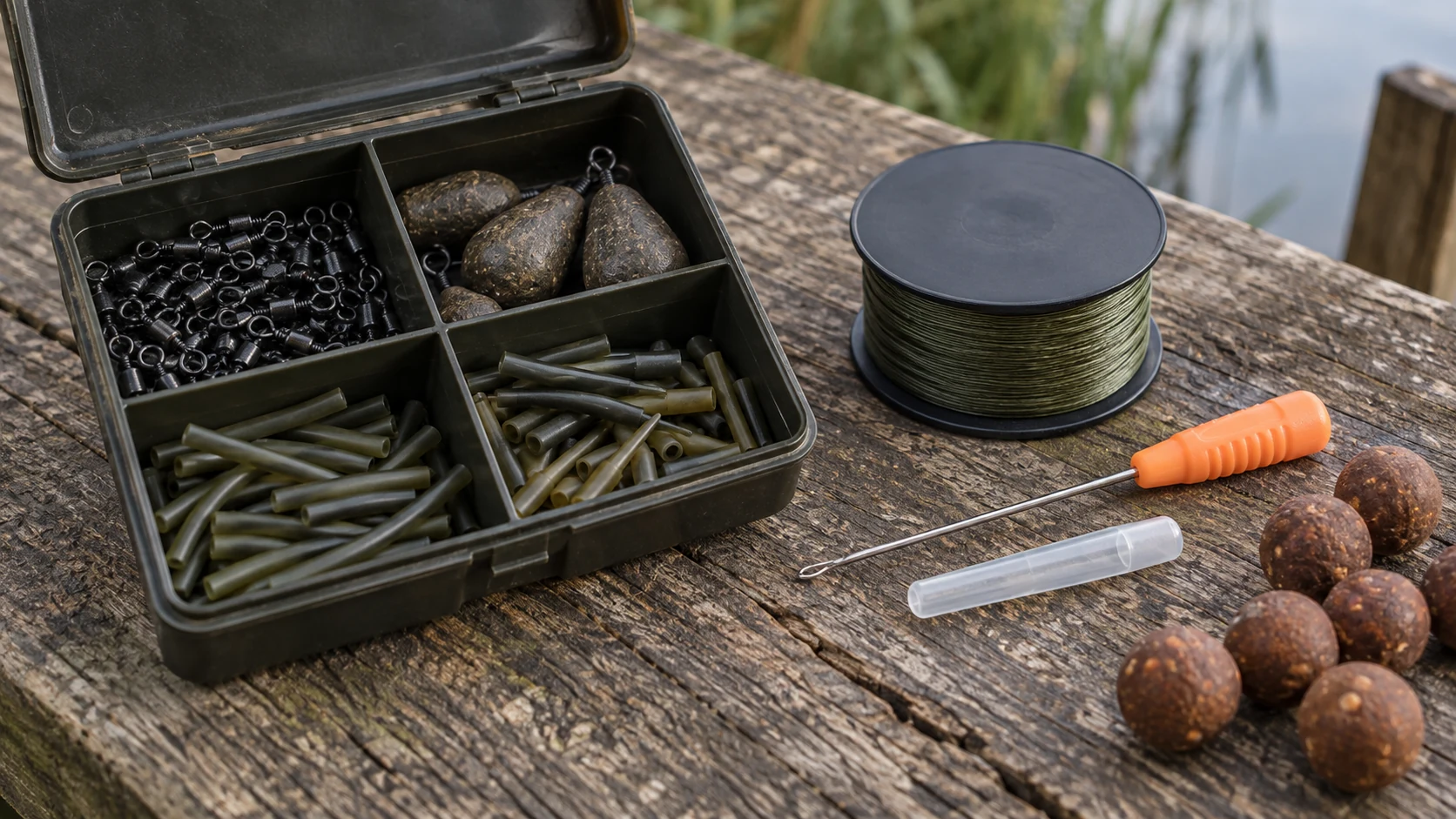 Geöffnete Kleinteilebox mit Wirbeln, Bleien und Schläuchen neben Vorfachmaterial, Ködernadel und Boilies