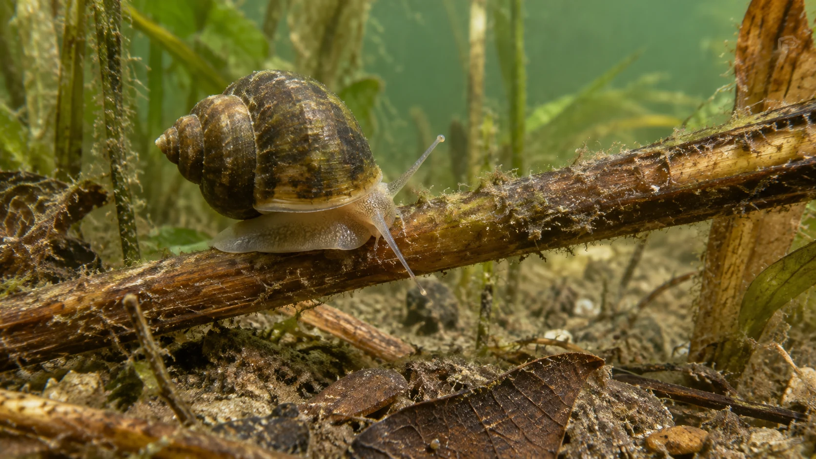 Kleine Wasserschnecke auf einem untergetauchten Pflanzenstängel über Laubresten und Sediment