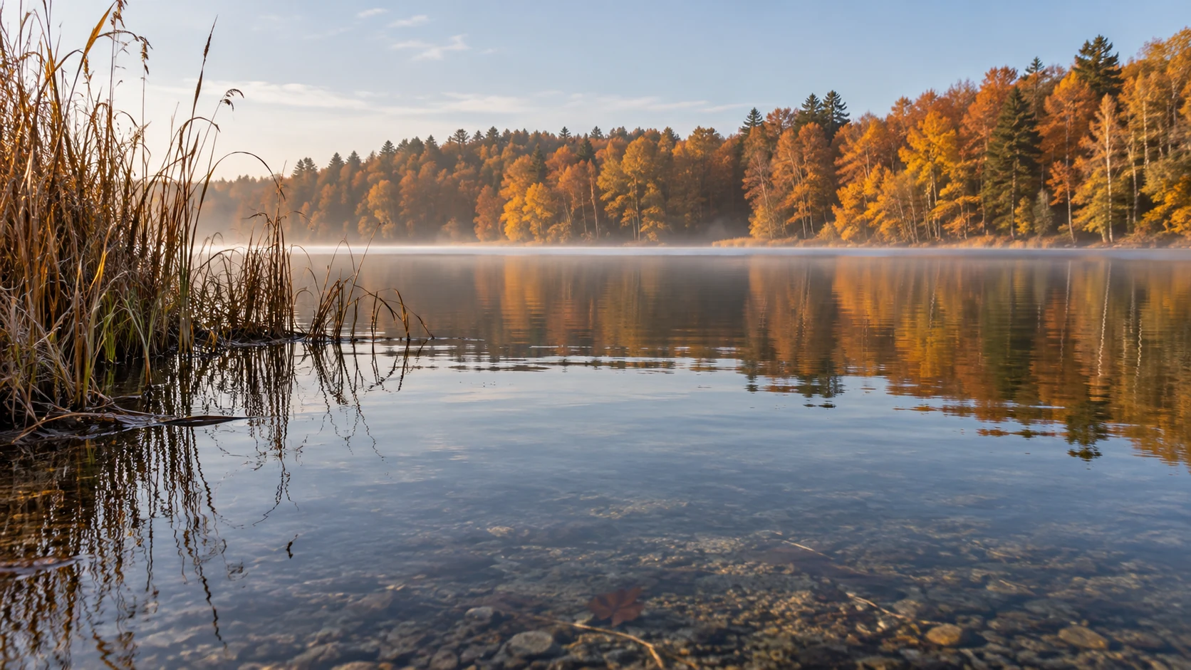 Herbstlicher See mit gelben und kupferfarbenen Bäumen, Schilf und leichtem Morgennebel