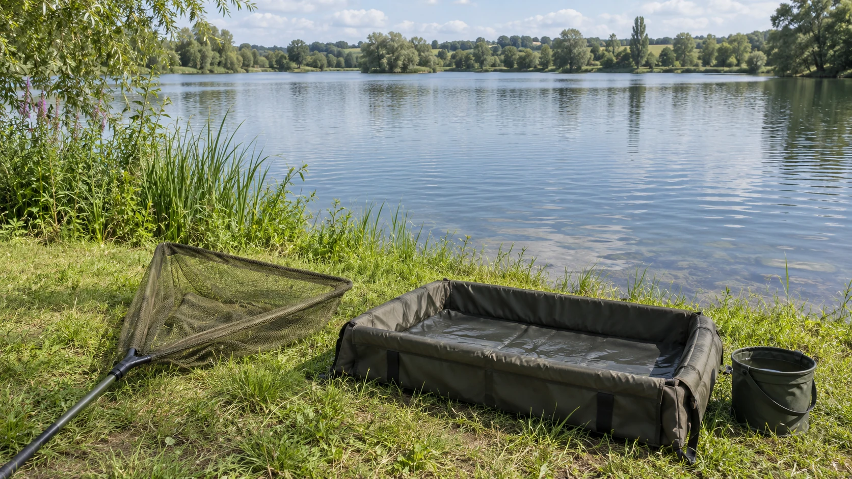 Vorbereiteter Landebereich mit großem Kescher, gepolsterter Abhakwanne und Wassereimer am freien Seeufer
