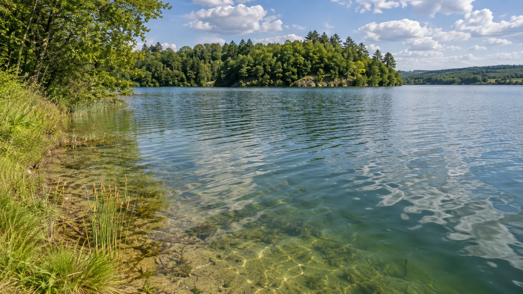 Sommerlicher See mit flachem Ufer, Pflanzenrand, offener Wasserfläche und bewaldeter Landzunge