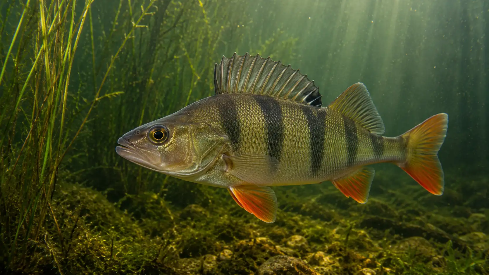 Flussbarsch mit dunklen Querbändern und roten Flossen unter Wasser