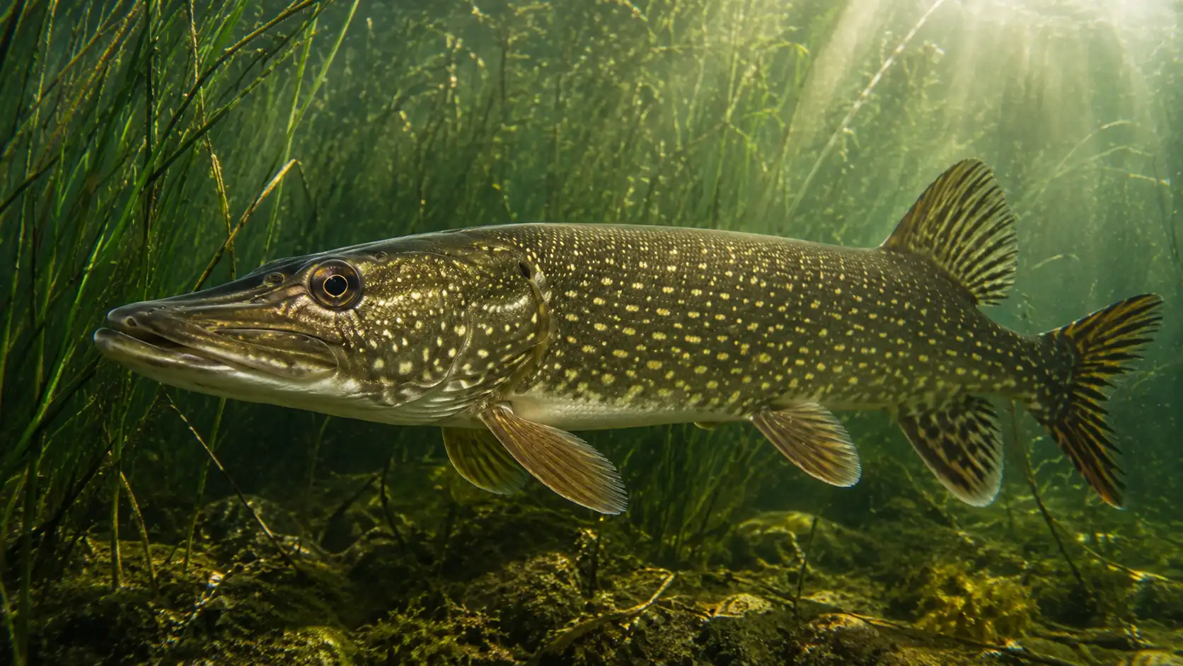 Hecht als lang gestreckter Raubfisch zwischen Wasserpflanzen