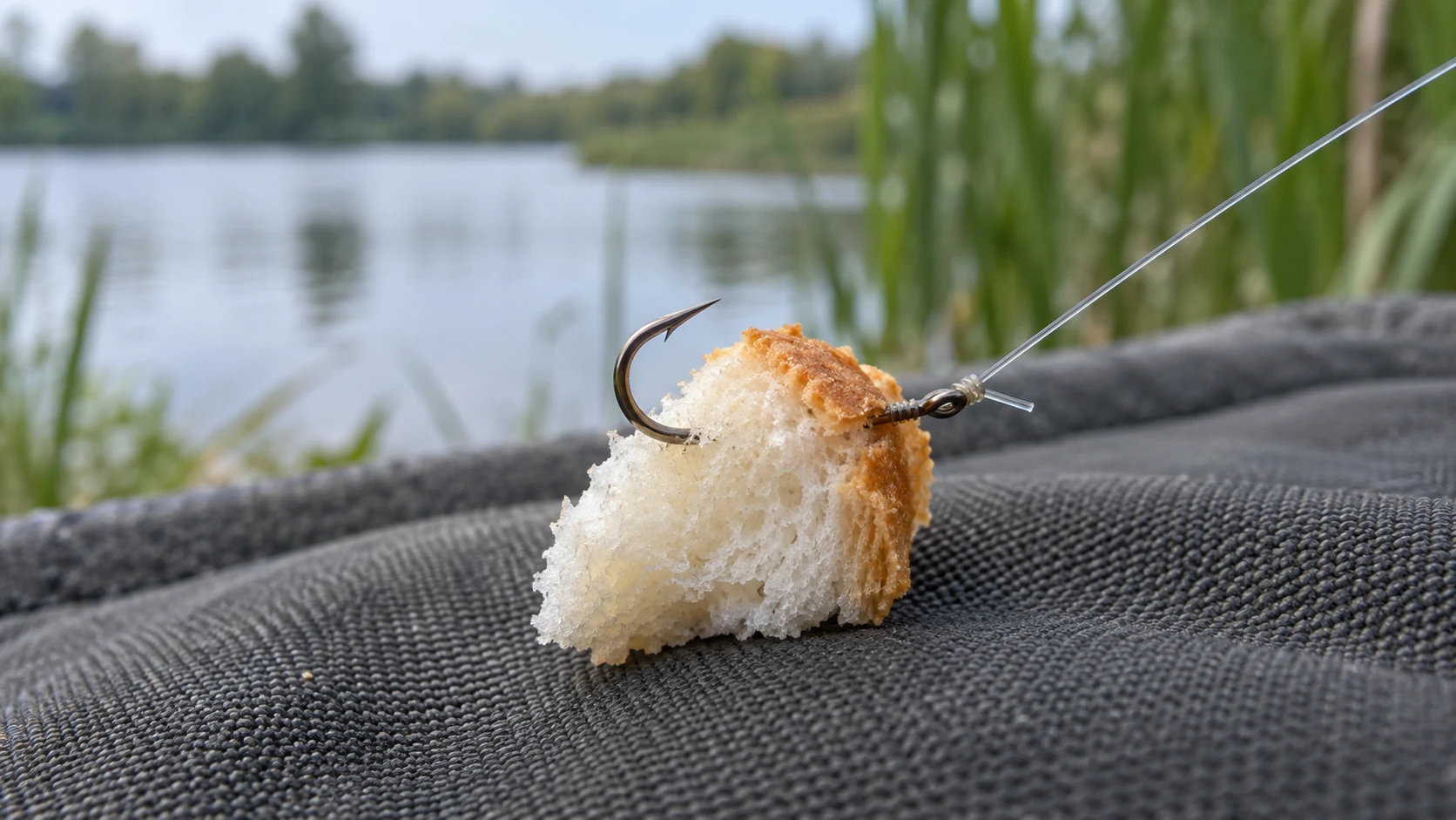 Kleine Brotkruste an einem Einzelhaken mit freier Spitze und direkt am Öhr angebundener Monofilschnur
