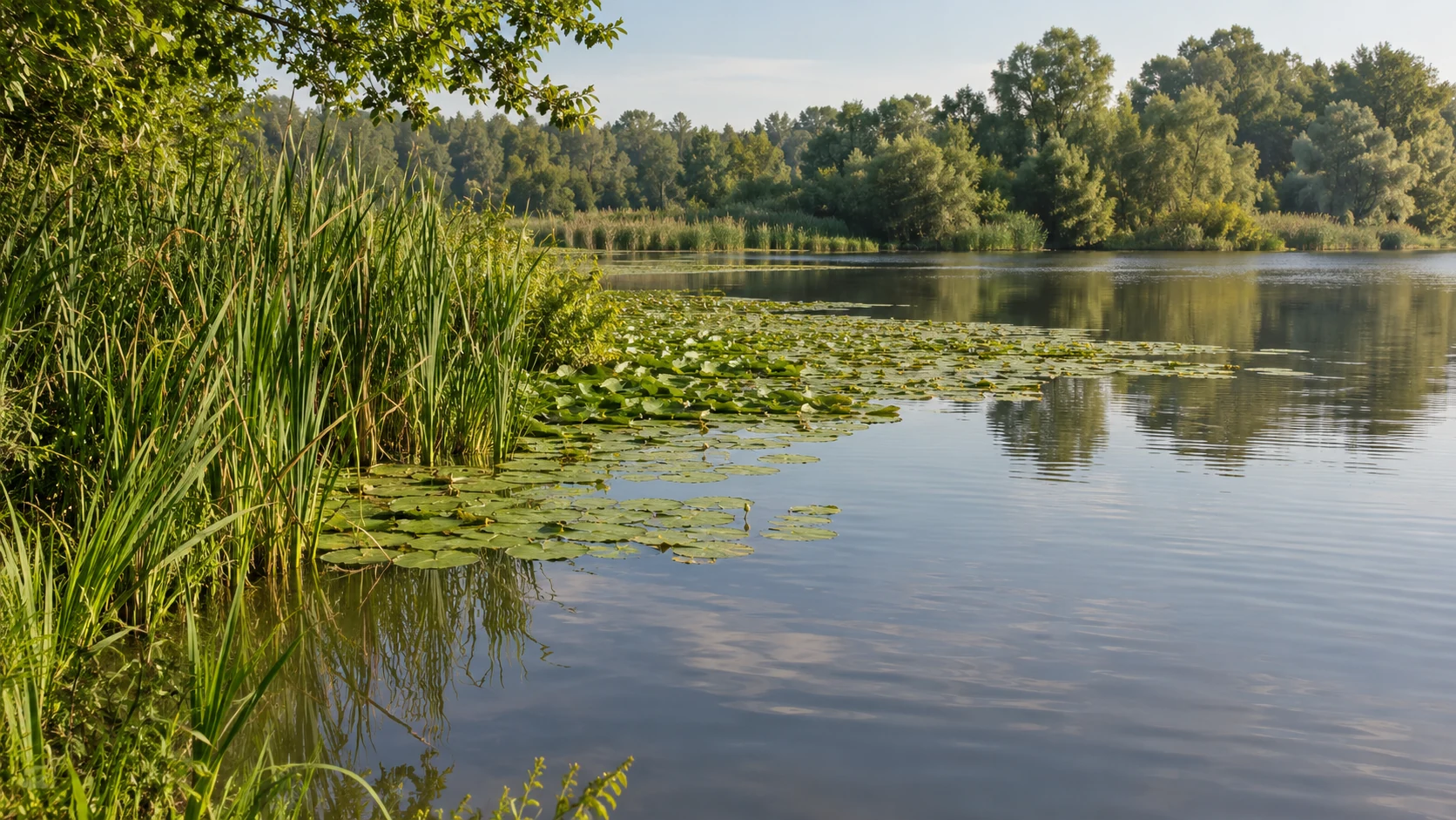 Ruhiger See mit Schilfufer, Seerosenkante und leicht gekräuselter freier Wasserfläche