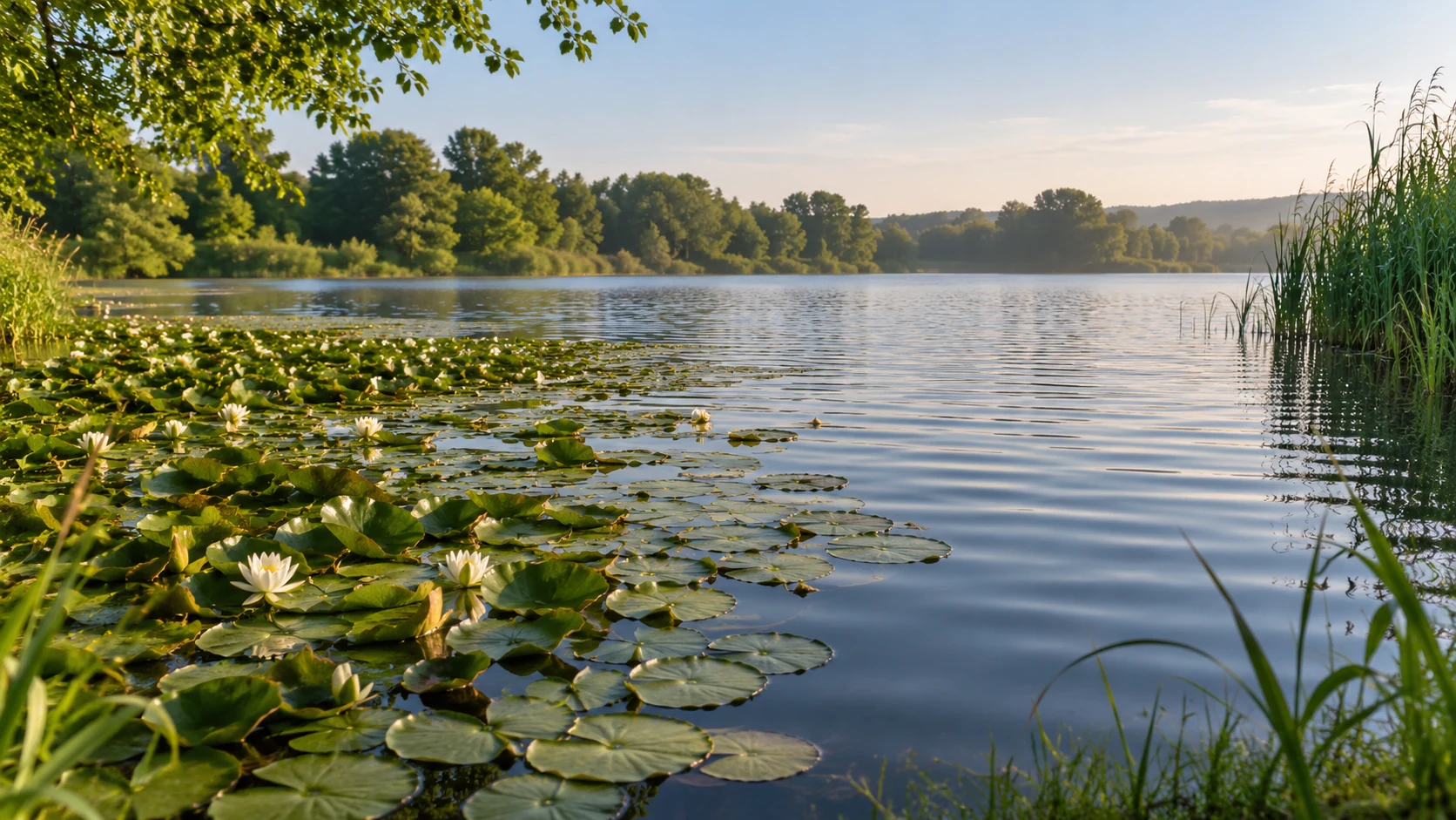 Ruhiger See mit Seerosenkante, Schilf und einer freien Wasserfläche im Morgenlicht
