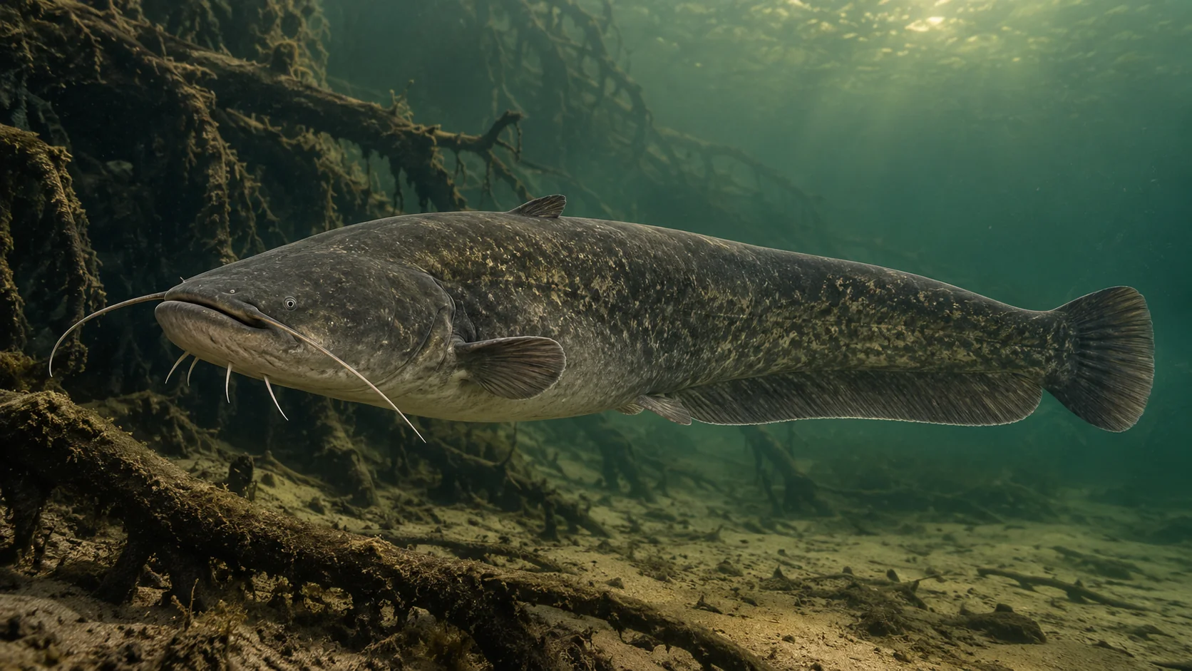 Großer Europäischer Wels mit langen Barteln in einem Fluss