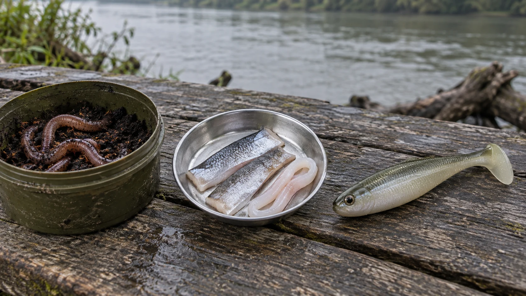 Tauwurmbehälter, Fisch- und Tintenfischstreifen sowie ein unmontierter Gummifisch