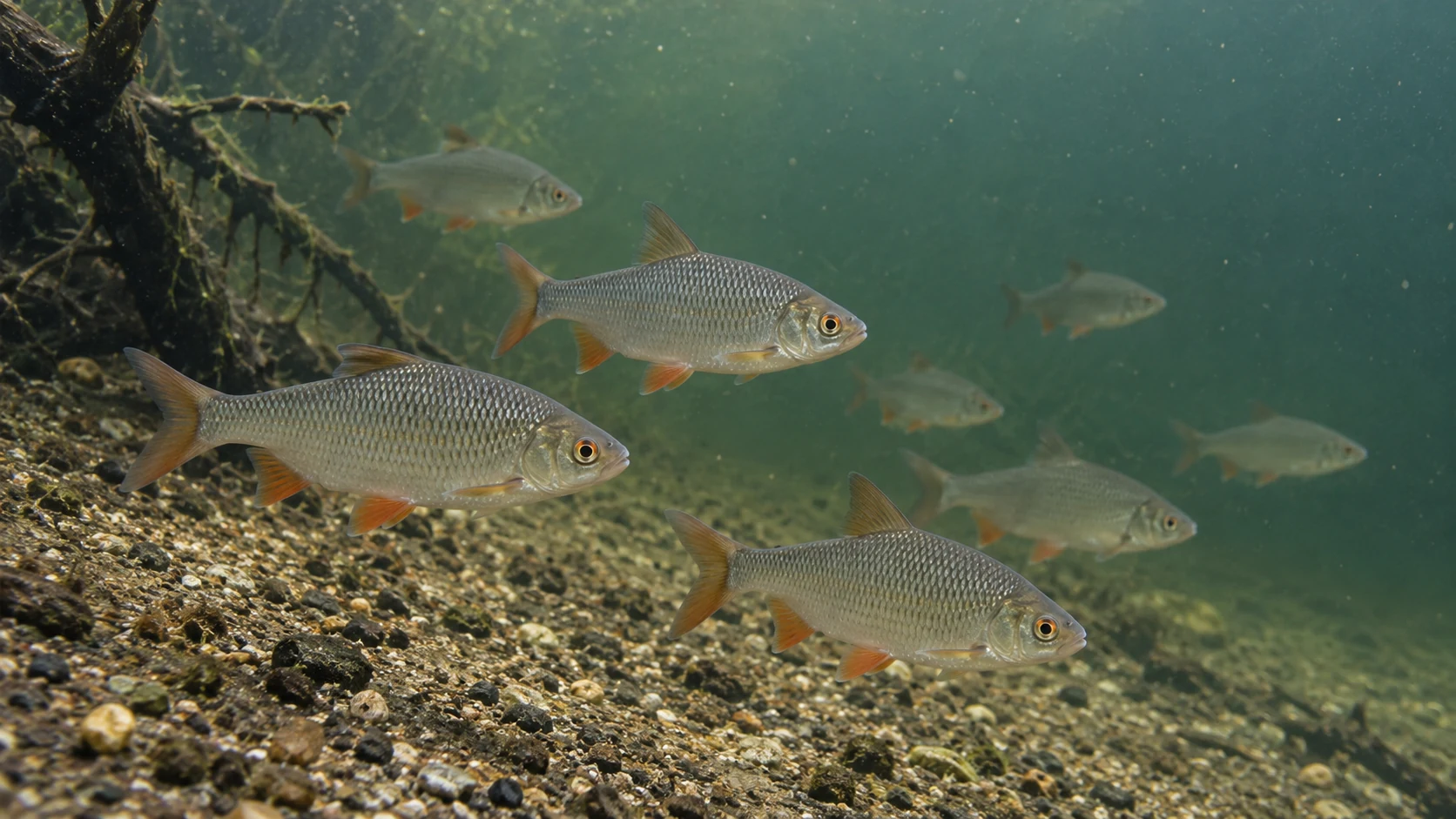 Kleine silbrige Weißfische über dem Grund eines langsam fließenden Gewässers
