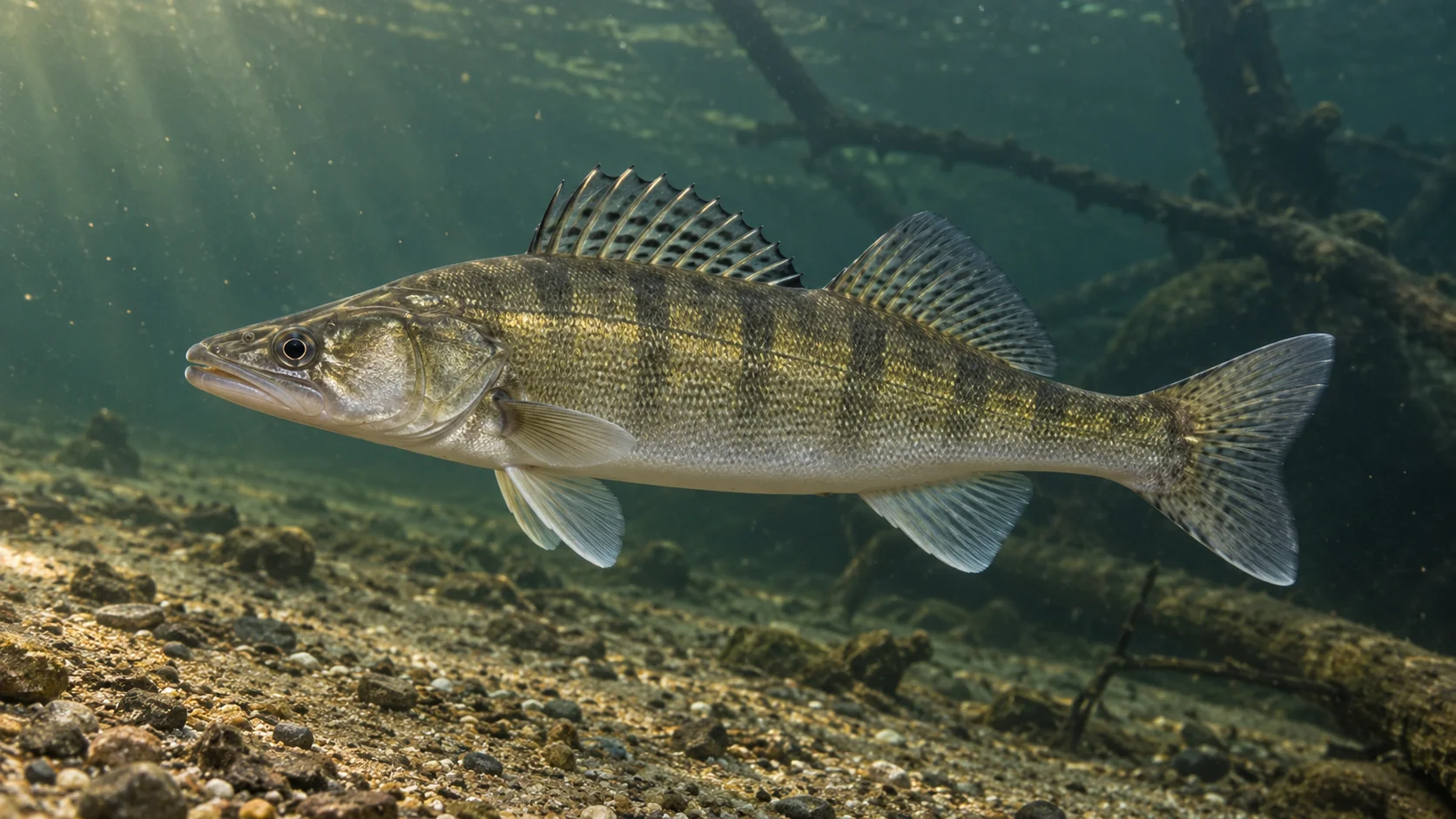 Zander mit zwei Rückenflossen über steinigem Gewässergrund