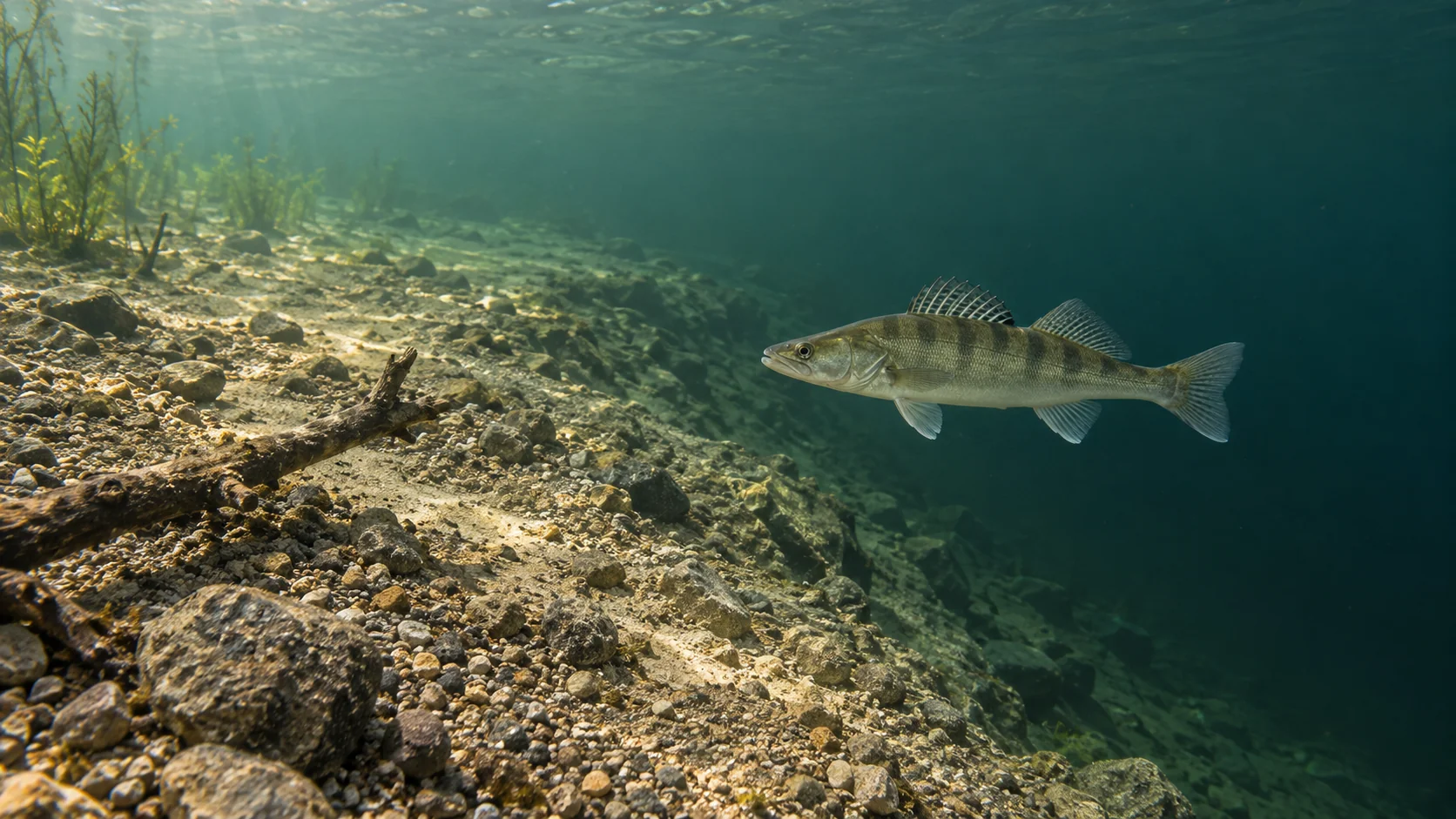 Zander an einem Übergang von flachem Kiesgrund zu tieferem Wasser