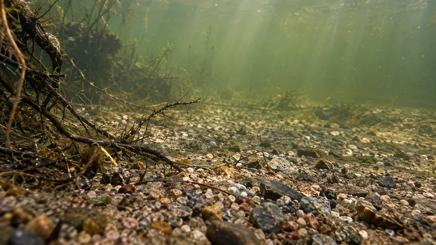 Unterwasseransicht von Kies, Sand und feinen Uferwurzeln