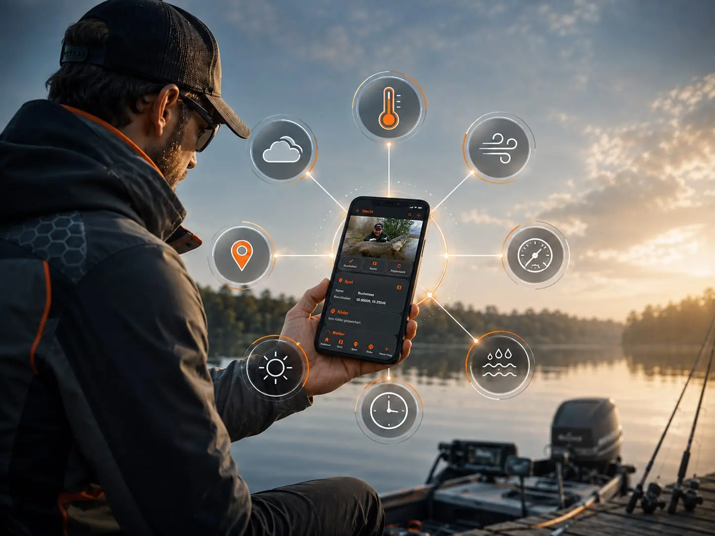 Angler verbindet einen dokumentierten Fang mit Spot, Temperatur, Wind, Luftdruck, Licht und weiteren Wetterbedingungen