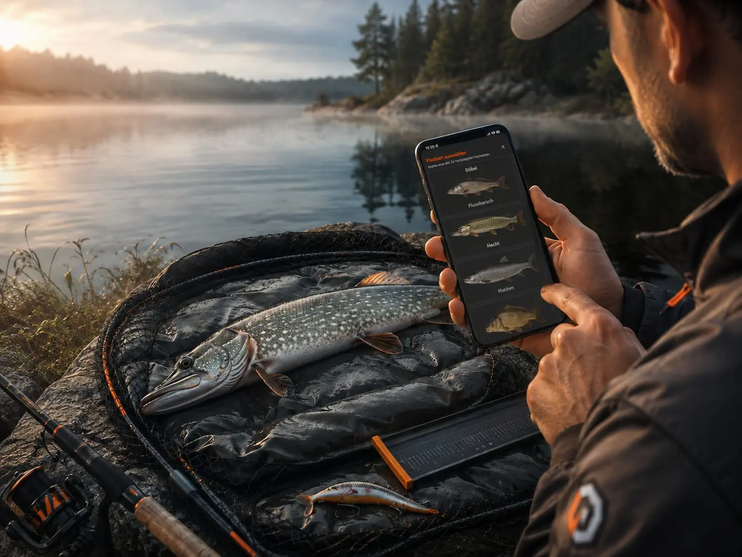 Angler dokumentiert einen gefangenen Hecht mit PetriPad und wählt die passende Fischart aus