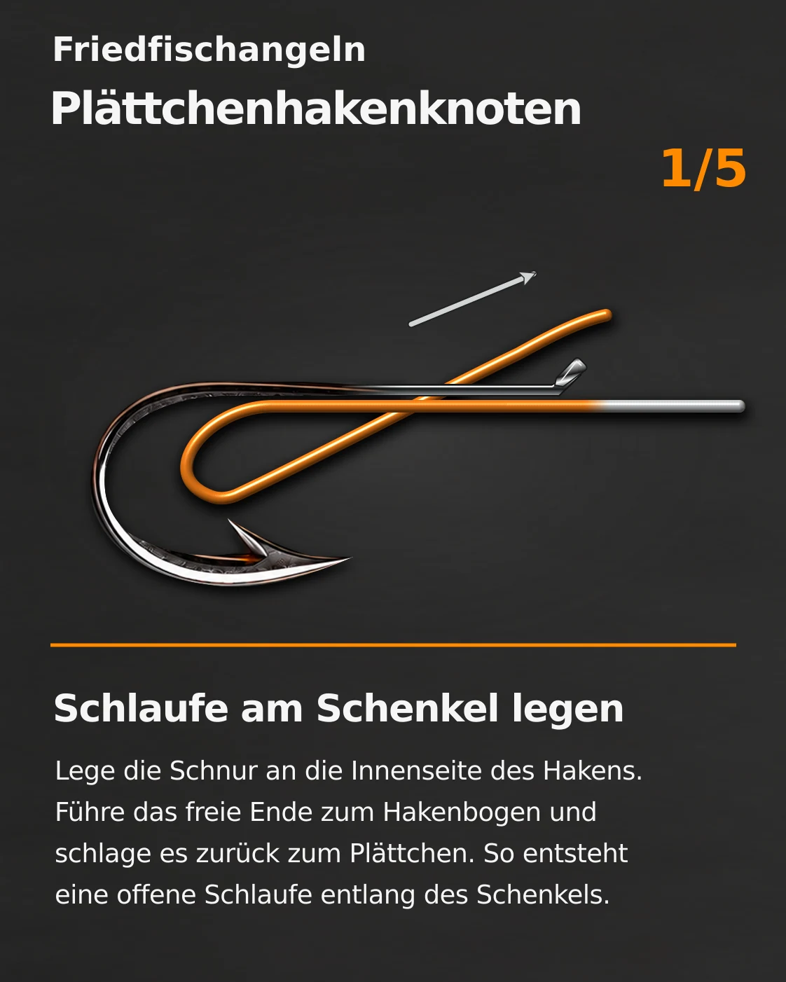 Plättchenhakenknoten, erster von fünf bebilderten Schritten