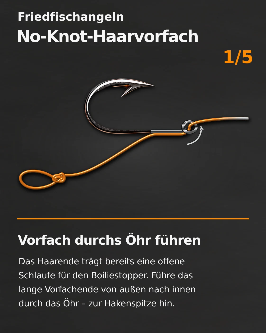 No-Knot-Haarvorfach, erster von fünf bebilderten Schritten