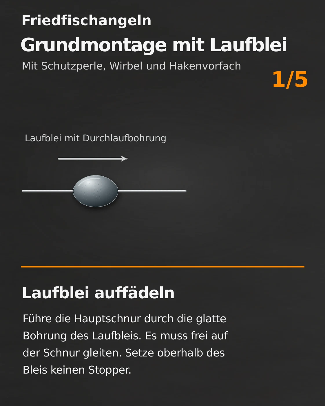 Grundmontage mit Laufblei, erster von fünf bebilderten Schritten