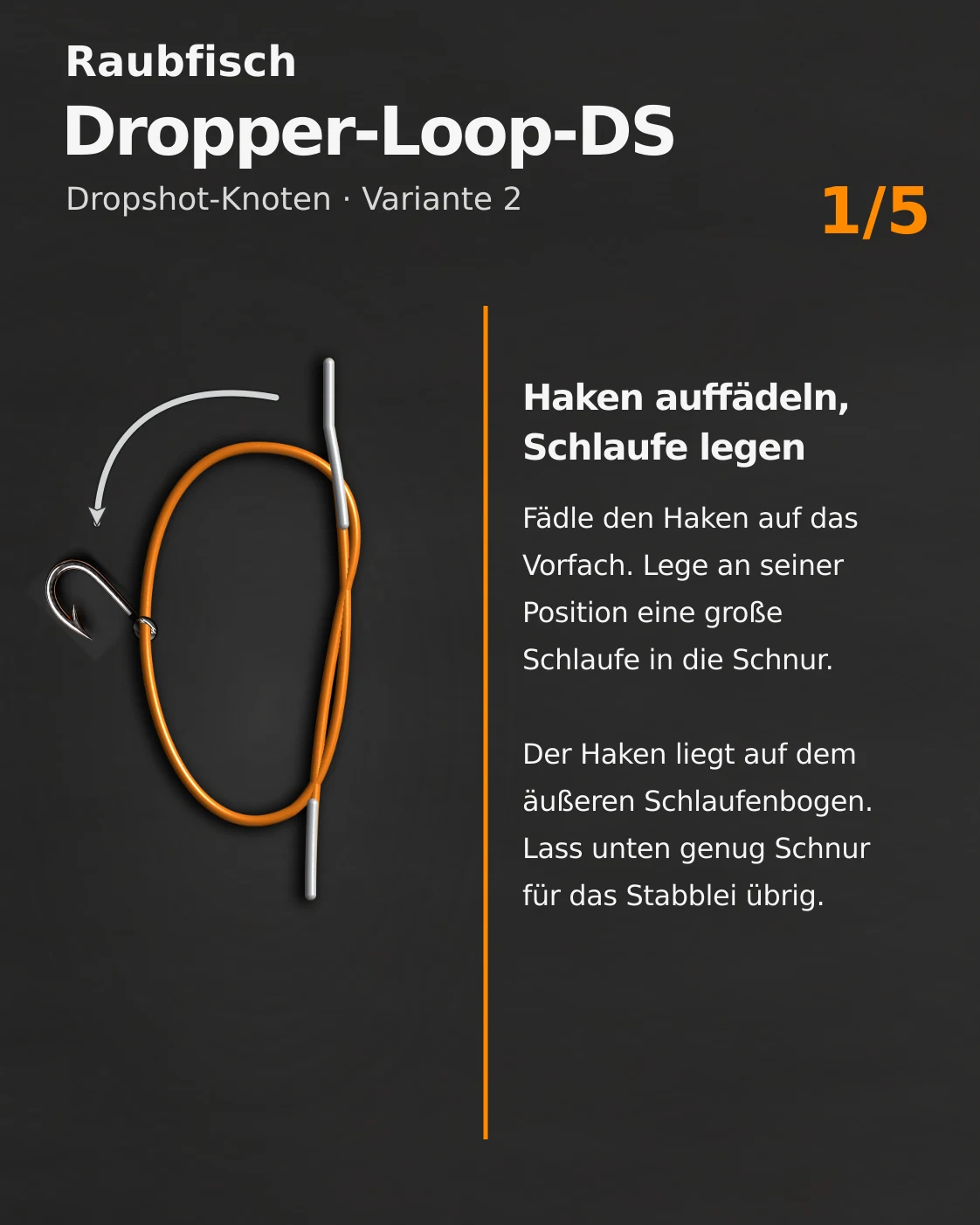 Dropper-Loop-DS-Knoten: Originalanleitung Schritt 1 von 5 mit Beschriftung